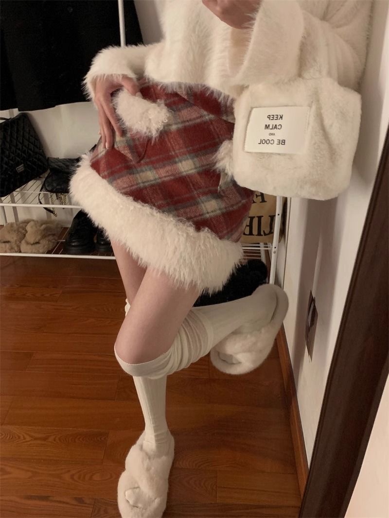 聖誕毛呢格子半身裙女秋冬新款復古高腰顯瘦毛毛拼接加厚短裙
