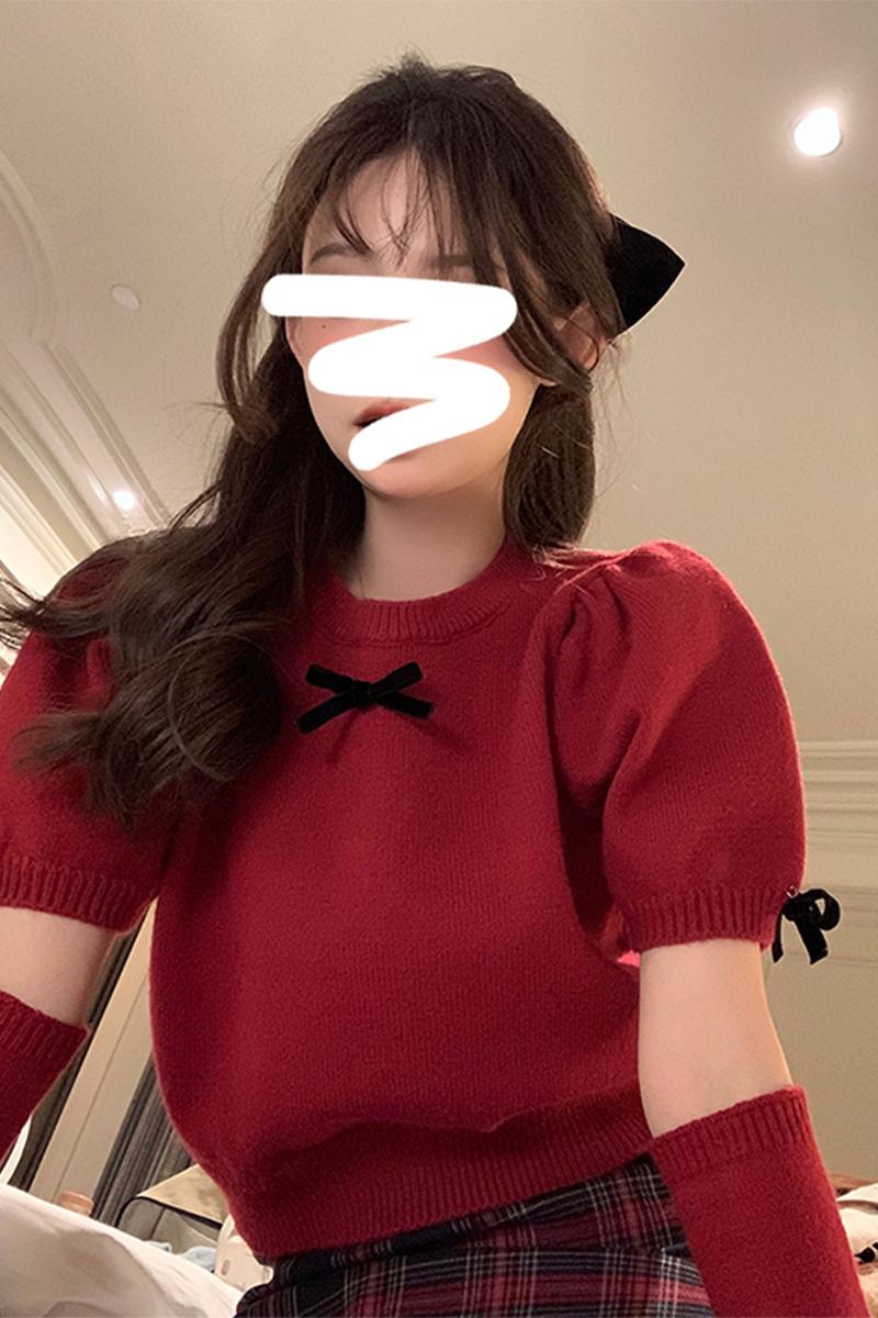 聖誕女裝紅色毛衣女秋冬2024新款新年衣服小眾設計泡泡袖針織上衣
