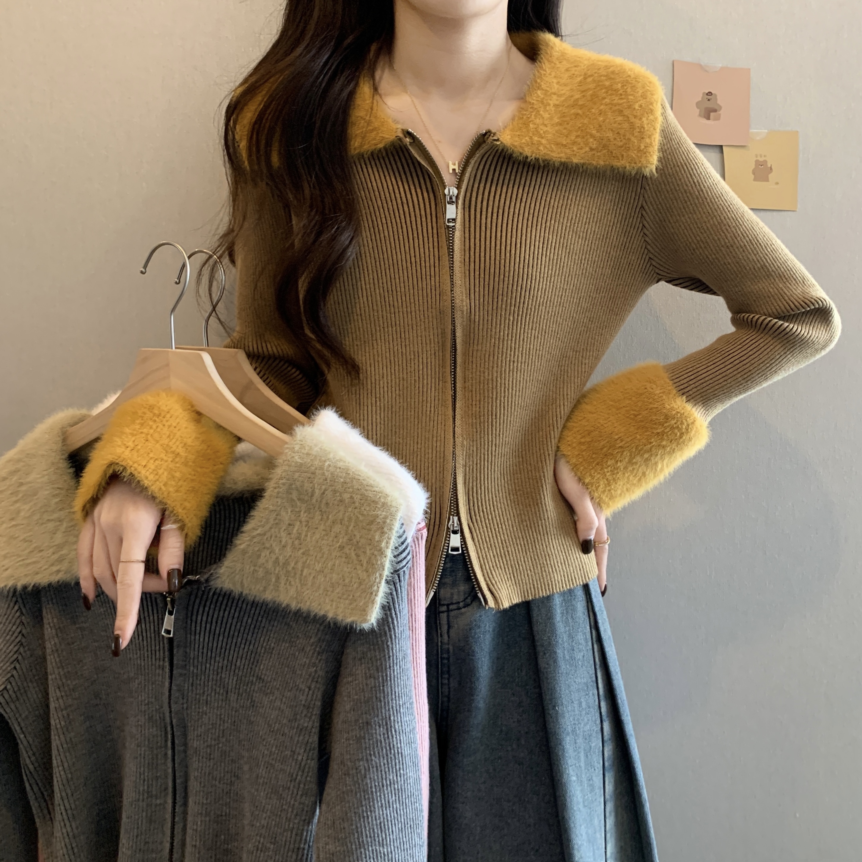 Real shot Korean style double zipper plush velvet strip slim fit versatile wool sweater long-sleeved sweater