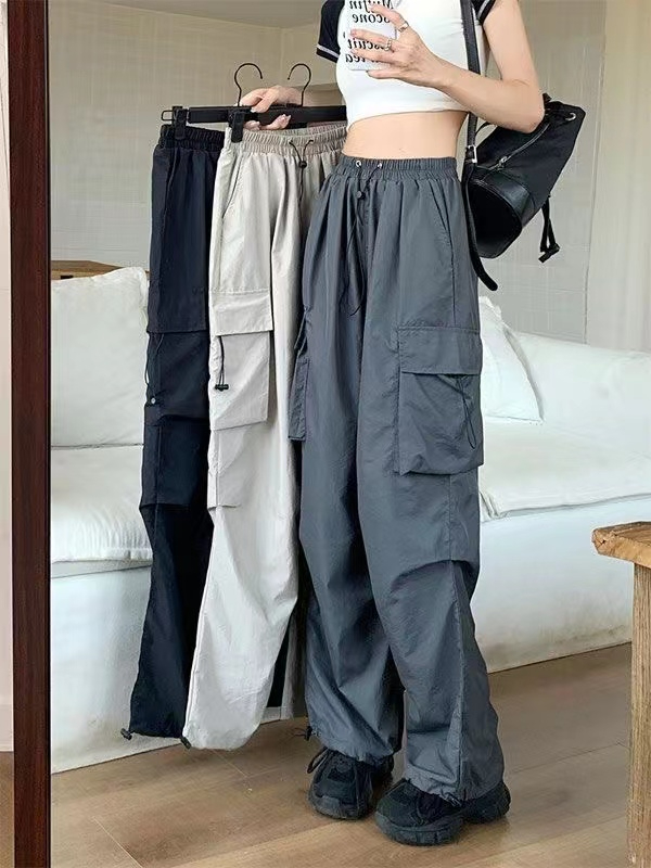 美式辣妹工裝褲女抽繩休閒褲夏季垂感寬鬆直筒闊腿褲拖地長褲子潮