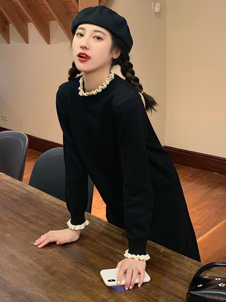 春秋木耳邊半高領長袖內搭裙子秋冬大碼配大衣過膝打底針織連衣裙