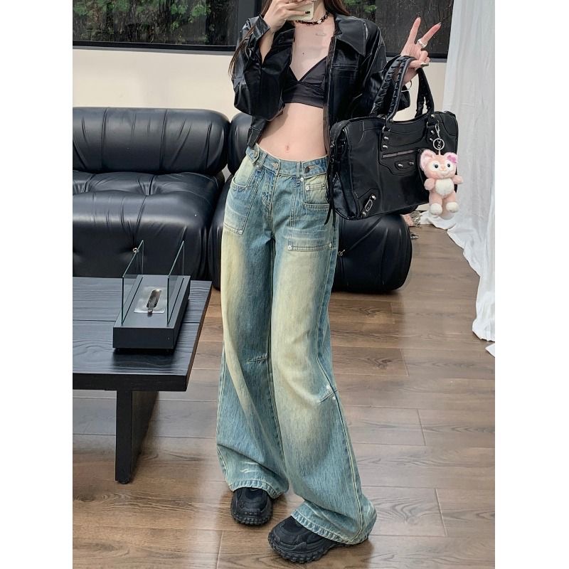 美式復古牛仔褲女春季2024新款設計感高腰直筒顯瘦闊腿拖地褲