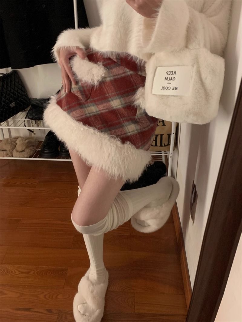 聖誕毛呢格子半身裙女秋冬新款復古高腰顯瘦毛毛拼接加厚短裙