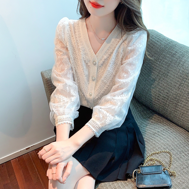 2024春季新款花卉蕾絲襯衫V領燈籠袖上衣長袖氣質淑女小衫