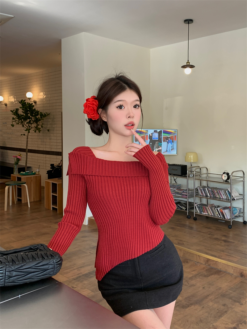 實拍  新款紅色坑條針織衫女秋冬下擺不規則長袖毛衣內搭上衣