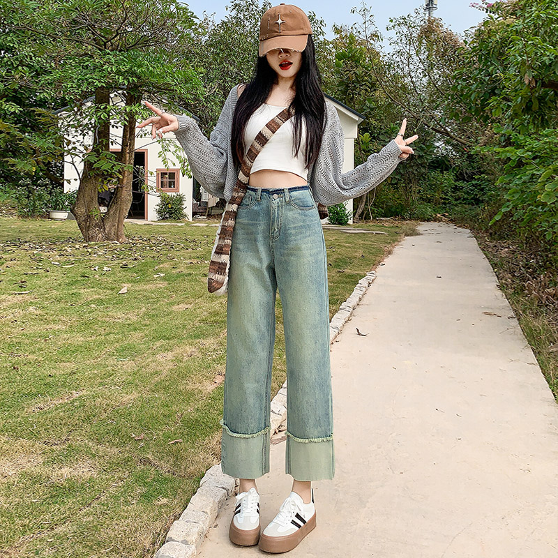 實拍~懷舊綠牛仔直筒闊腿褲女2024春季腰頭撞色卷邊九分煙管褲ins