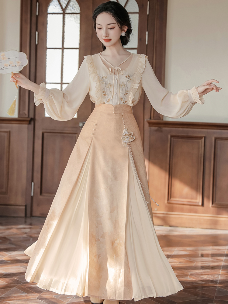 Original improved Hanfu women's new Chinese-style national style daily three-pleated skirt high-end Han element suit spring and autumn