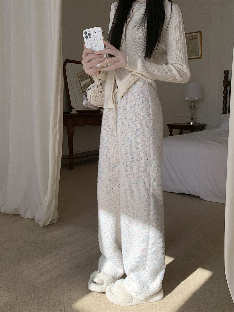 Actual shot~Fleece rainbow glutinous rice pants for women, high-waisted, casual, versatile, straight-leg, soft, glutinous knitted wide-leg pants