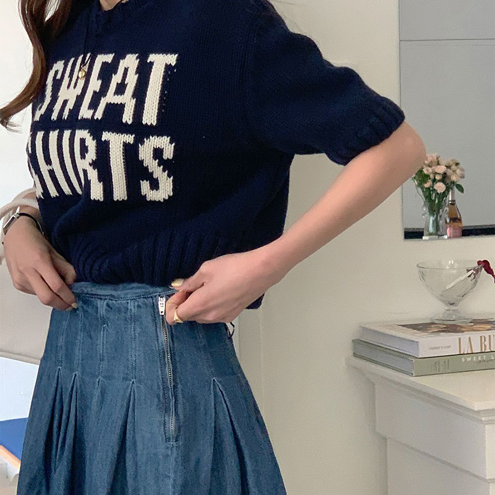 百搭簡約字母短袖套頭毛衣女秋季新款寬鬆顯瘦短款針織衫上衣