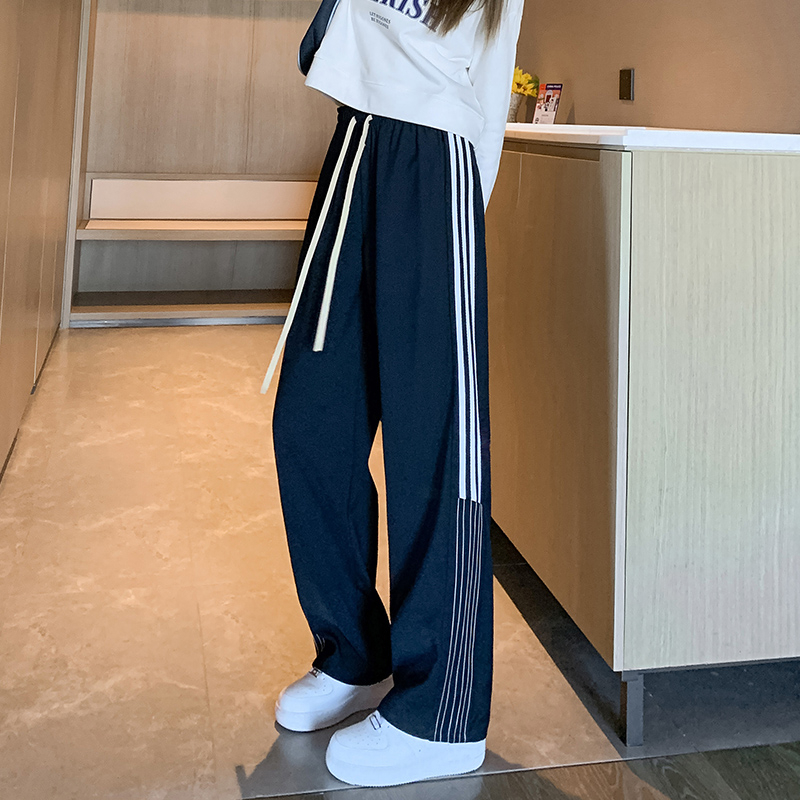 實拍 2024春夏韓版寬鬆美式復古條紋運動衛褲女潮直筒休閒闊腿褲