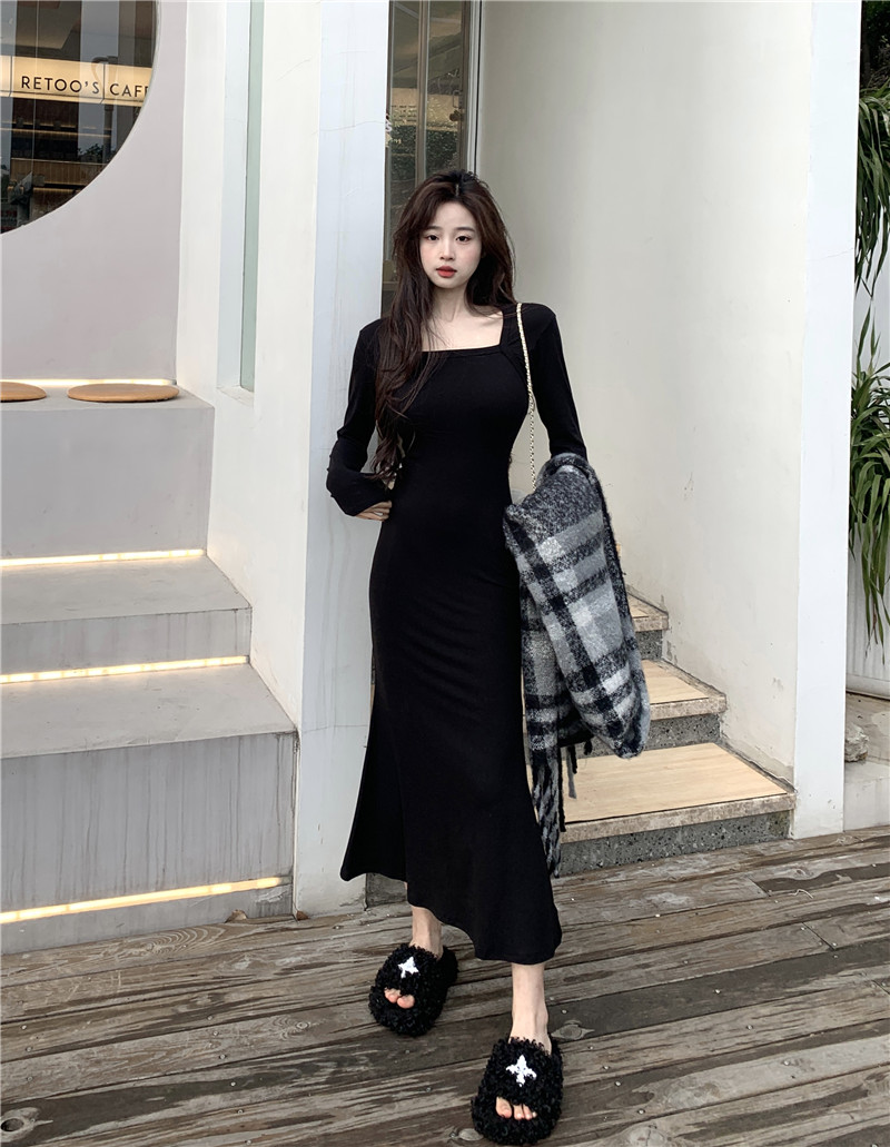 Actual shot~Spring style~Yujie square neck long-sleeved dress with bottoming skirt and hip-covering fishtail long skirt