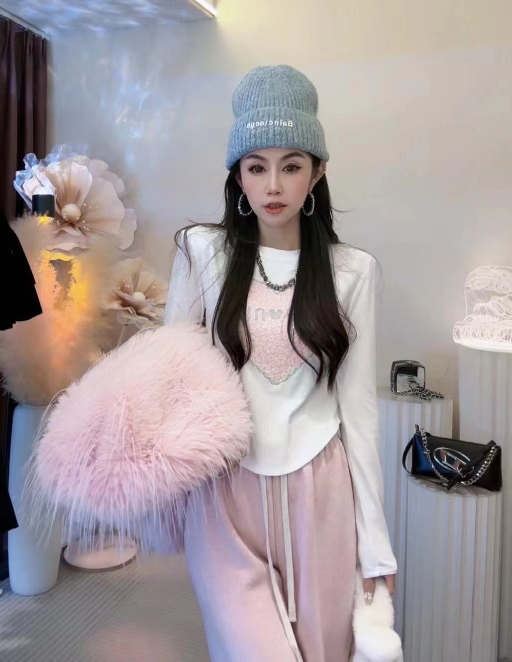 甜美風愛心粉色長袖T恤女2024春季新款韓版修身顯瘦下擺弧形上衣