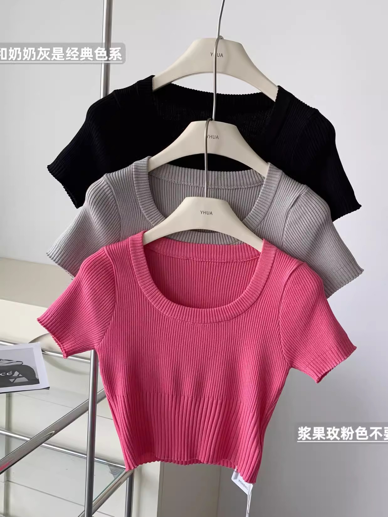 French Hot Girl Square Neck Short Sleeve Knitted T-Shirt Women's Summer Design Short High Waist Pink Slim Chic Top