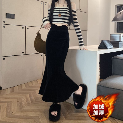 Gold velvet skirt women's autumn and winter new style velvet thickened fishtail skirt hip-covering skirt high-waisted long skirt A-line skirt