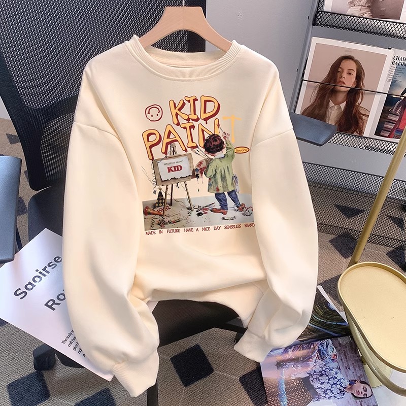 Japanese sweatshirt women's autumn and winter new ins lazy style bf long-sleeved design plus velvet thickening loose slimming top