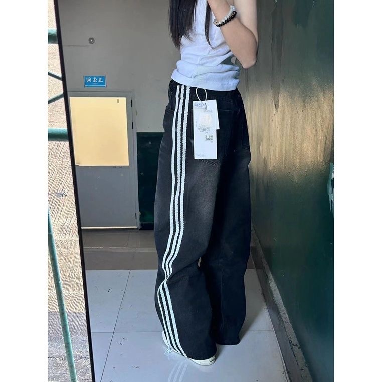 美式高街黑色三條槓牛仔褲女小眾寬鬆休閒百搭直筒闊腿褲子ins潮