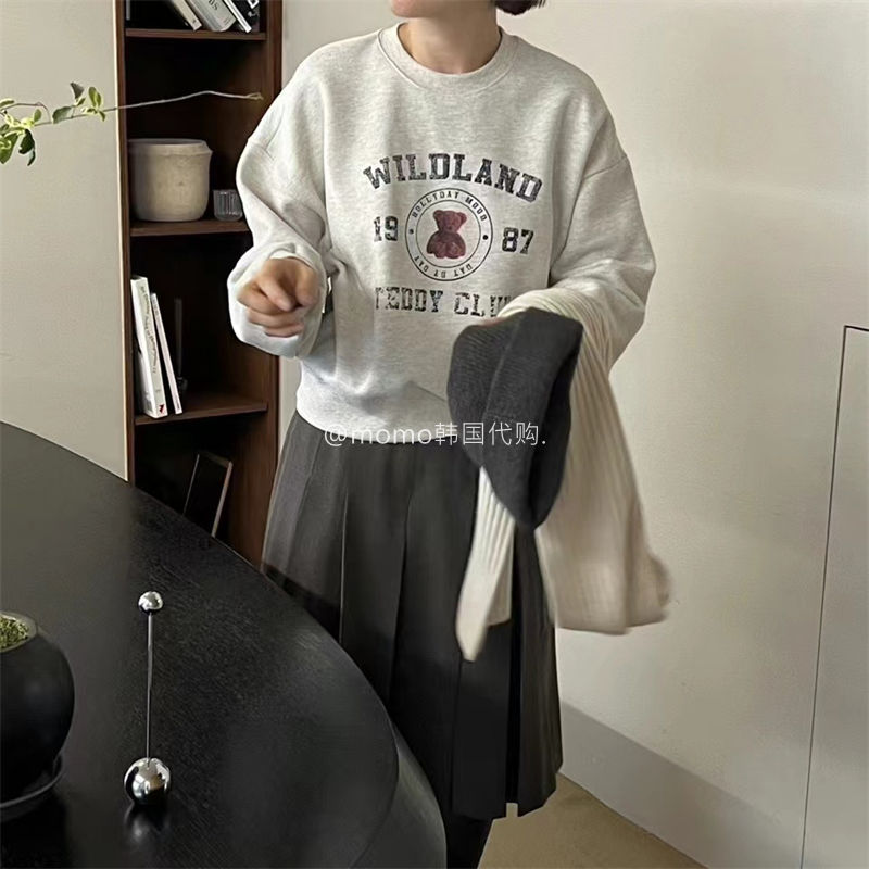 薄款韓版寬鬆學院風上衣可愛熊熊字母印花寬鬆圓領加絨小熊衛衣