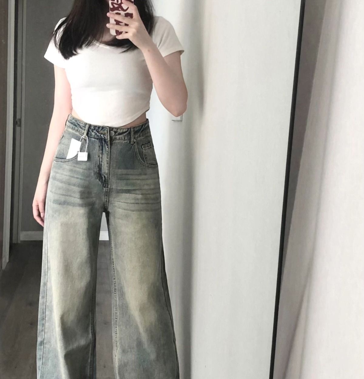 Retro regular raw edge loose straight jeans for women spring and summer new high waist slim drape versatile wide leg pants trendy
