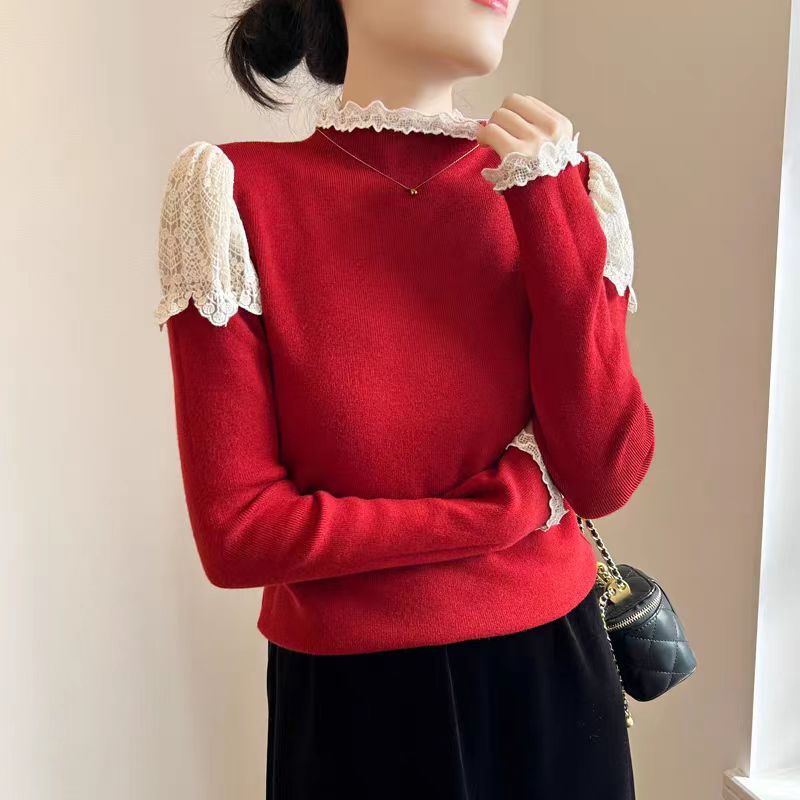 French Puff Sleeve Crochet Top for Women 2024 Autumn and Winter Atmosphere Fashionable Western Style Pullover Half Turtle Collar Bottoming Top