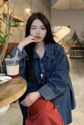 Real shot of autumn new French blue denim shirt shirt jacket + casual wide-leg pants two-piece set