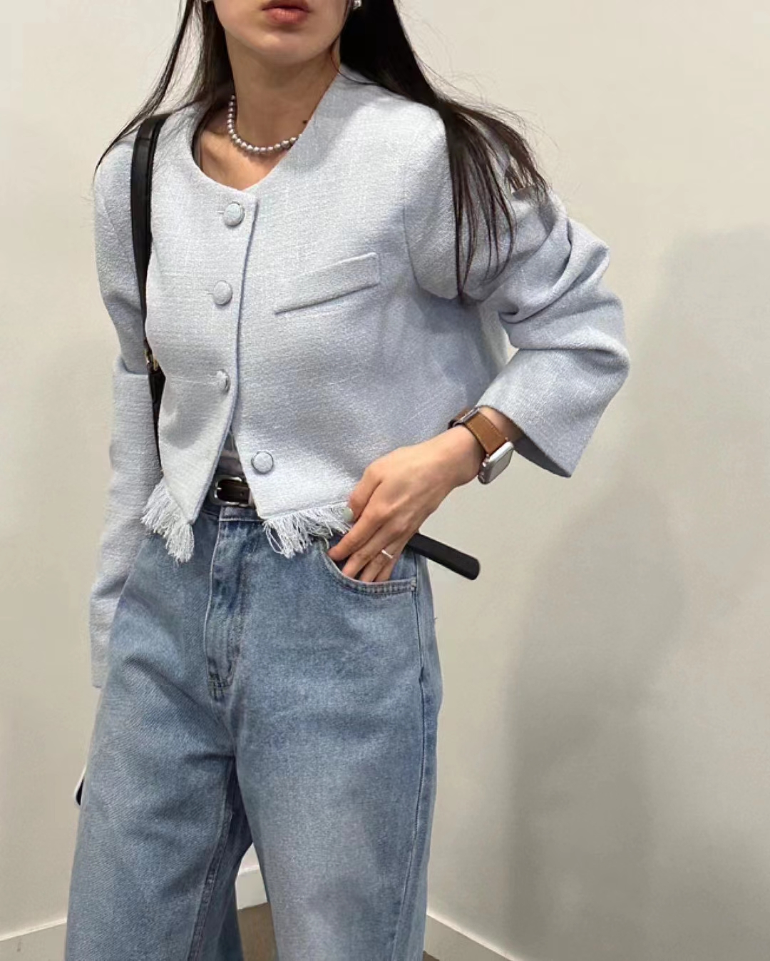 Korean chic small style round neck tassel raw edge design long-sleeved tweed short coat for women