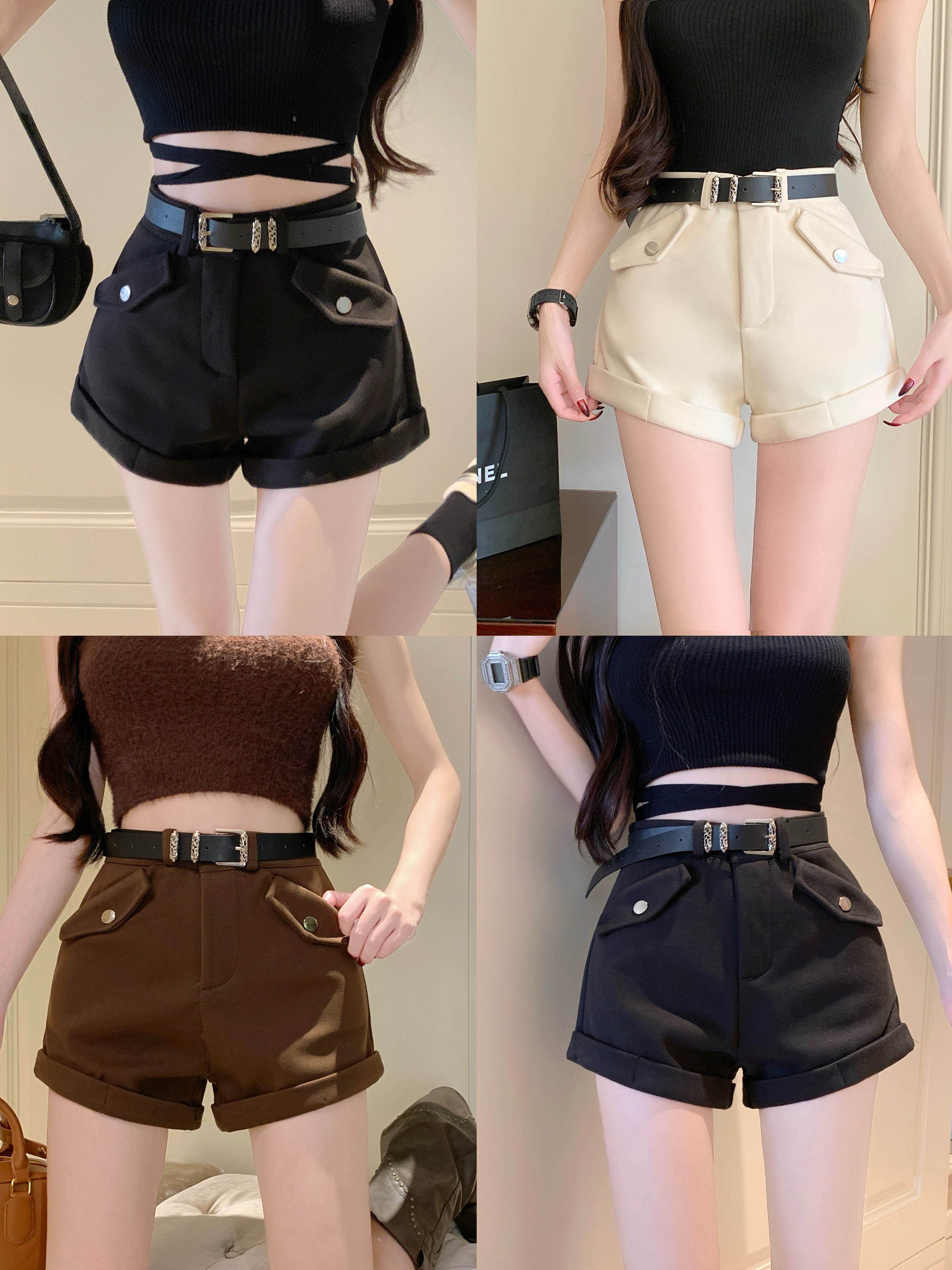 Real shot ~ American retro high-waisted cargo shorts for hot girls, sexy and versatile, slimming and hip-hugging A-pants with belt