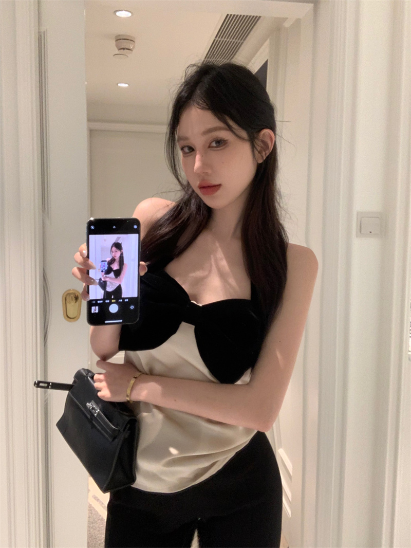實拍 黑色一字肩蝴蝶結掛脖吊帶背心女修身顯瘦內搭純欲上衣