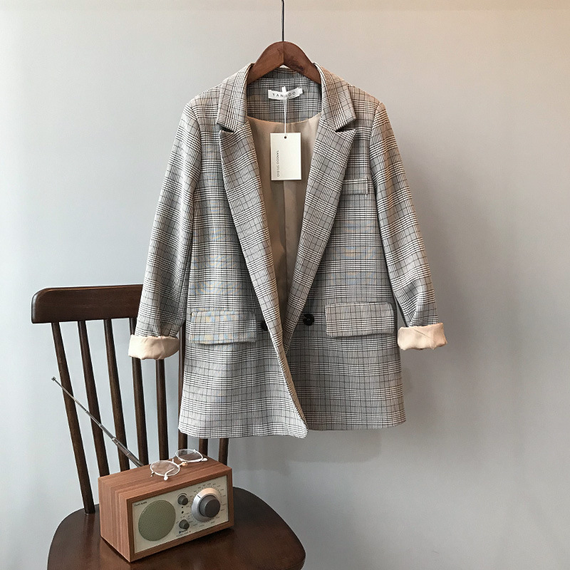 Actual shot ~ 2024 spring Korean style retro plaid suit jacket for women loose casual suit top for women