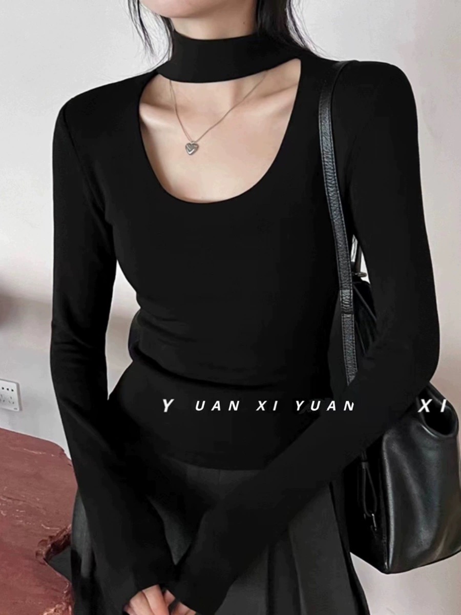 Spring and Autumn Hot Girls Sexy Collarbone-Exposed Halter Tops with Western Style and Niche Design Solid Color Slim-fitting Bottoming Tops