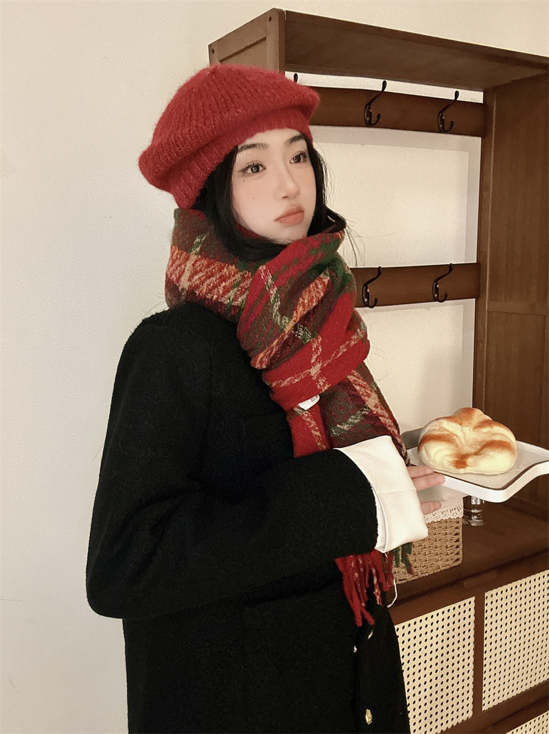 實拍紅色圍巾冬季女格子仿羊絨ins百搭高級感披肩學生圍脖