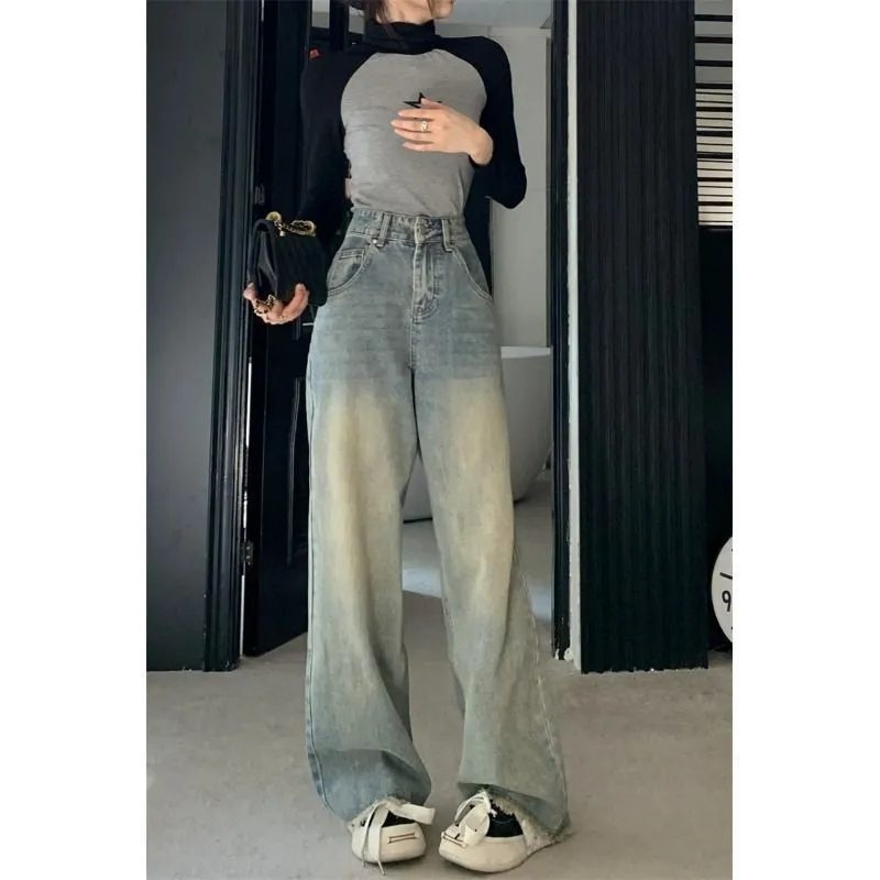 港味毛邊牛仔褲女高腰春秋季設計感闊腿褲復古做舊直筒拖地長褲子