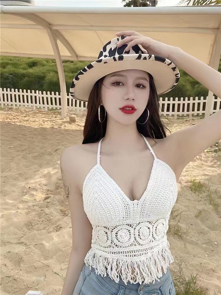 編織吊帶背心女設計感外穿海邊美背掛脖系帶胸墊上衣女