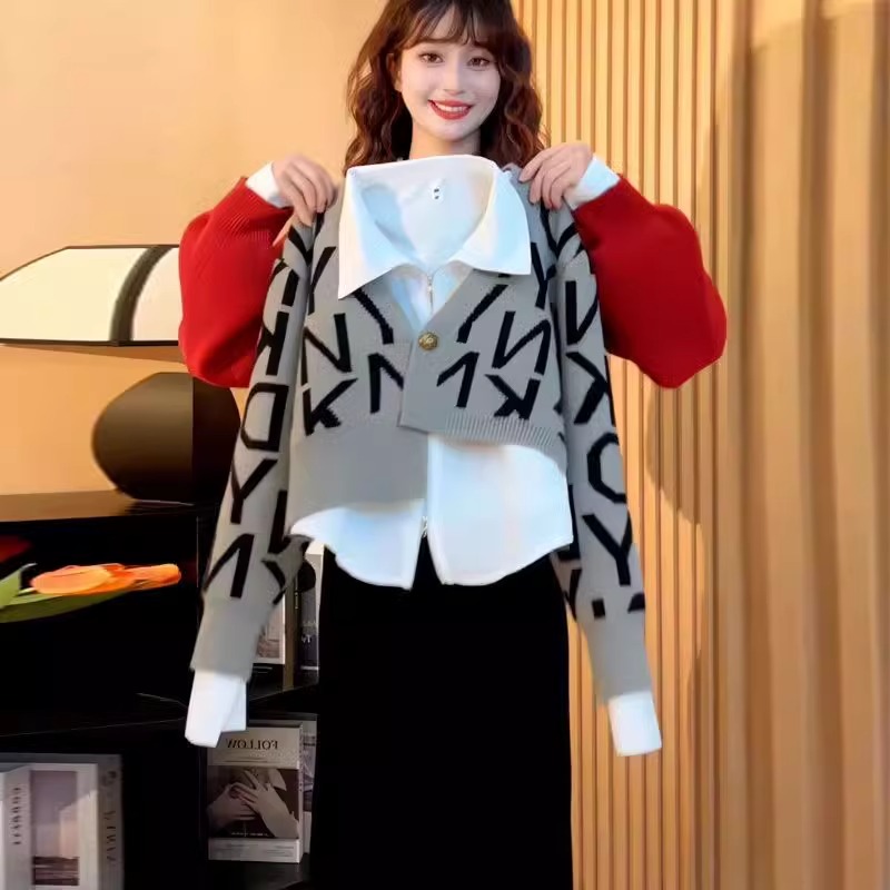 Lazy, slimming and flesh-covering new autumn and winter clothing, light luxury lapels, fake two-piece knitted cardigan for women, large size