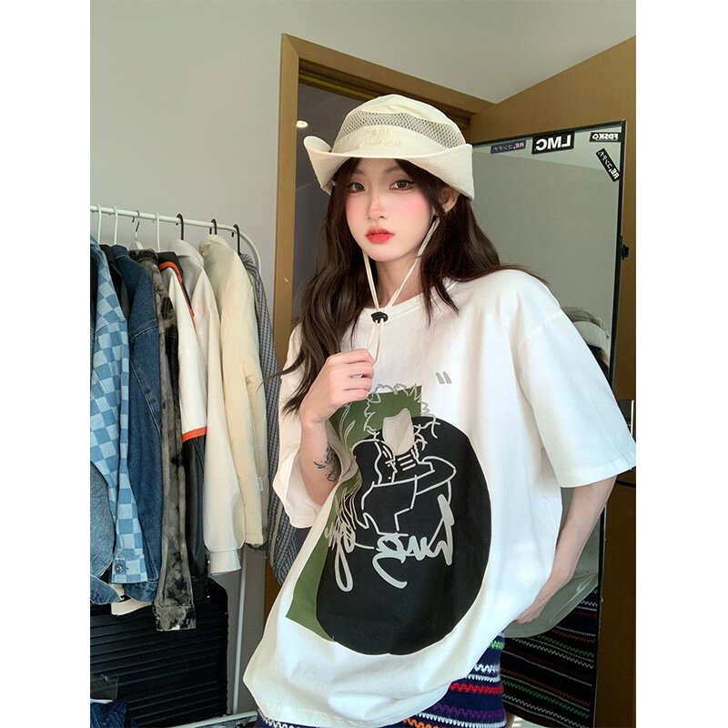 純棉200克包領#卡通印花短袖t恤女2024年夏季新款寬鬆純棉上衣潮