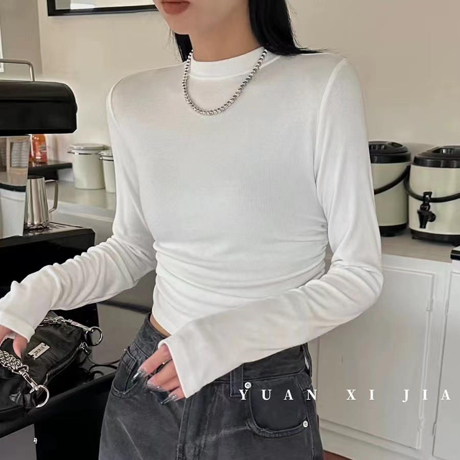 春季新款褶皺收腰短款打底衫女純色修身彈力內搭上衣