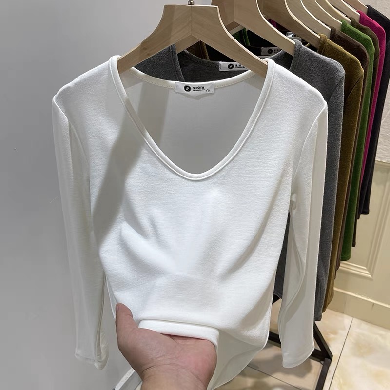 V-neck long-sleeved t-shirt for women spring and autumn new solid color fashionable and versatile sweetheart neckline bottoming shirt top