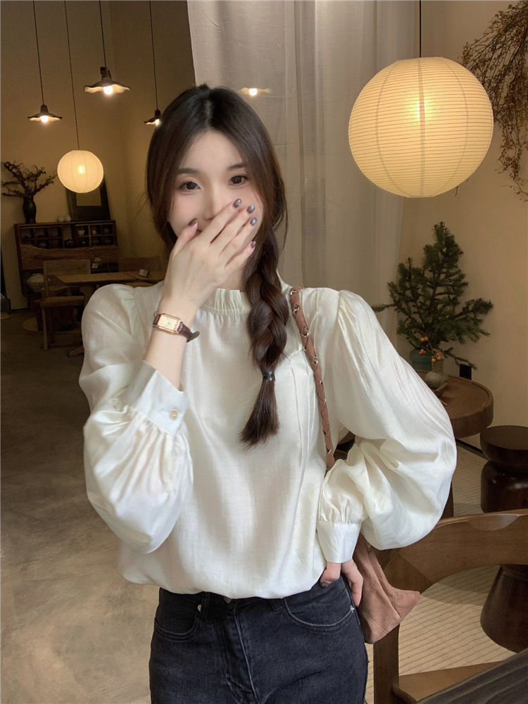 實拍！早春純色百搭襯衫溫柔寬鬆木耳邊半高領長袖小個子襯衣