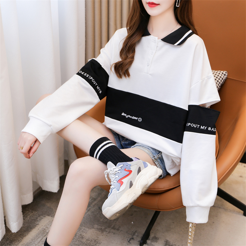 2024春裝實拍POLO領字母潮衛衣女薄款長袖假兩件上衣大碼女裝