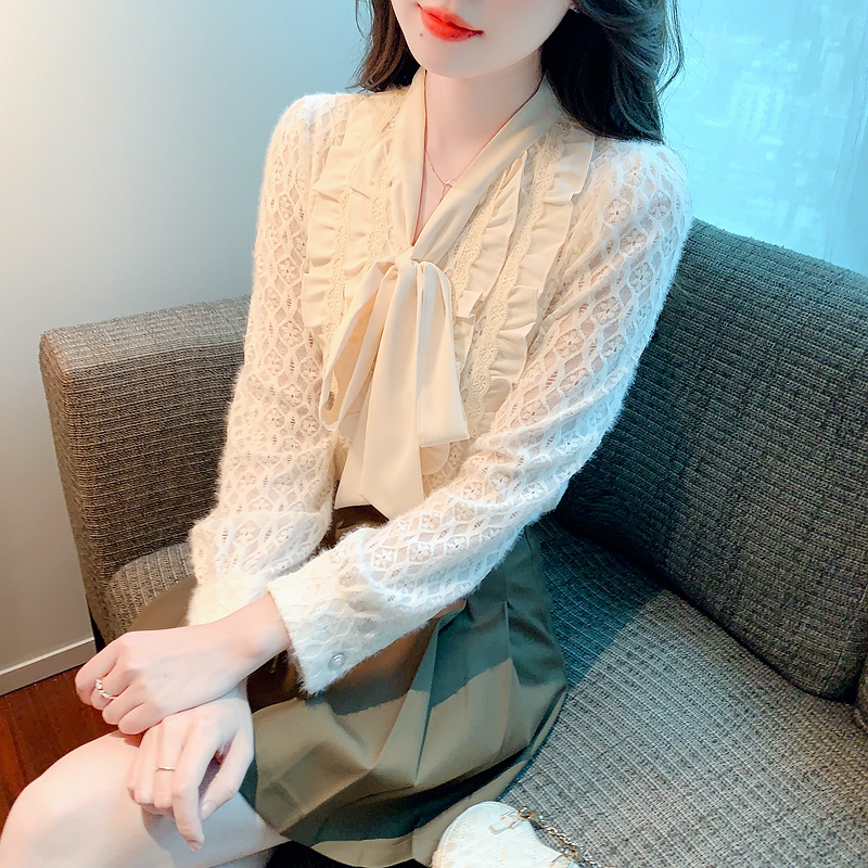 法式磨毛蕾絲衫女士春季新款蝴蝶結系帶領荷葉邊氣質打底上衣