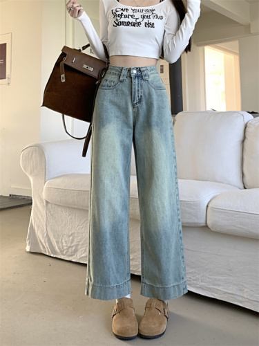 Real shot of jeans for women, spring design white pants, loose straight wide-leg pants, slimming high-waisted pants