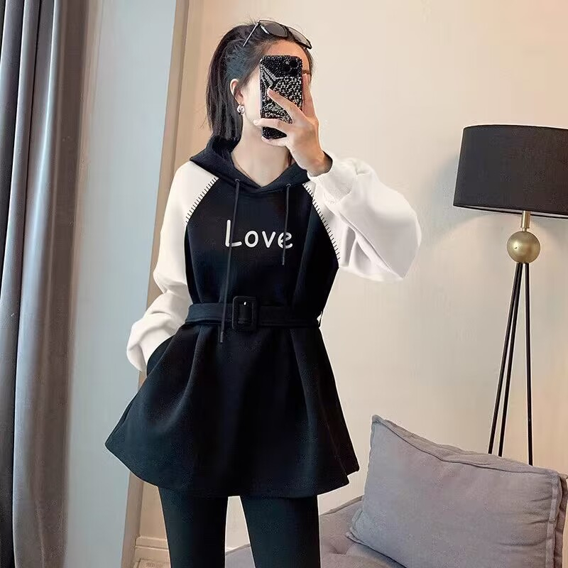 歐貨大碼女裝春秋季連帽寬鬆顯瘦收腰衛衣女遮肚上衣胖mm200斤300