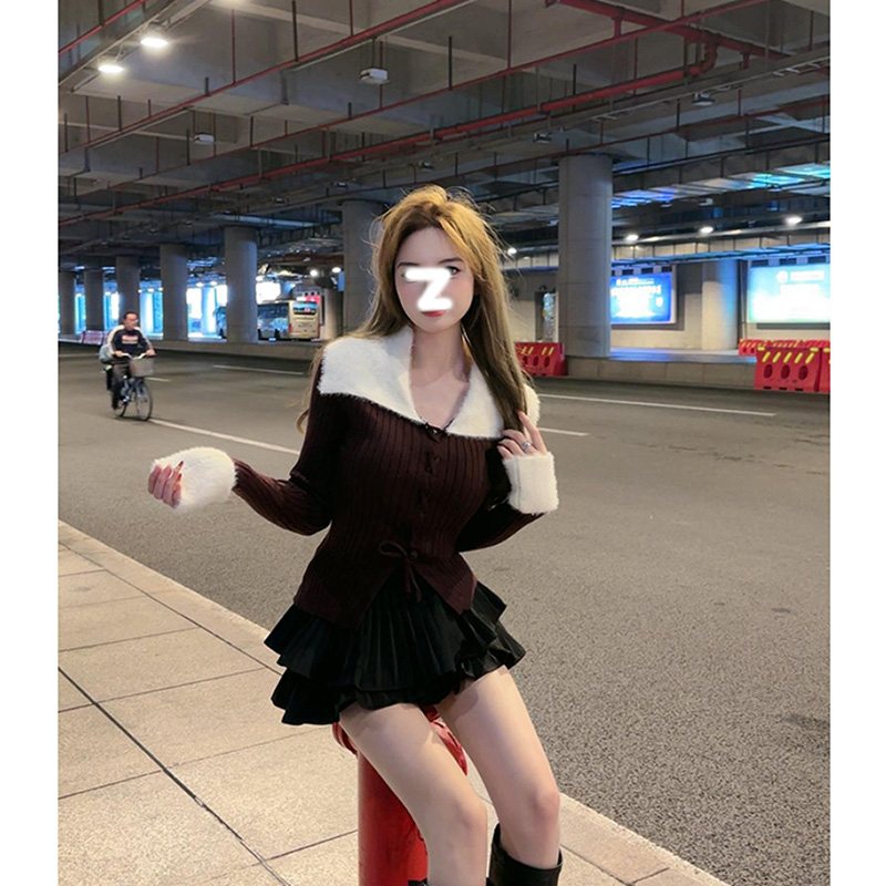拼接大翻領收腰打底毛衣開衫女秋冬季修身掐腰內搭短款針織衫上衣