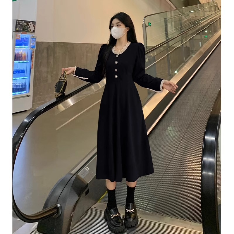 春秋長裙2024新款小香赫本風一整套裝新中式女裝黑色內搭連衣裙子