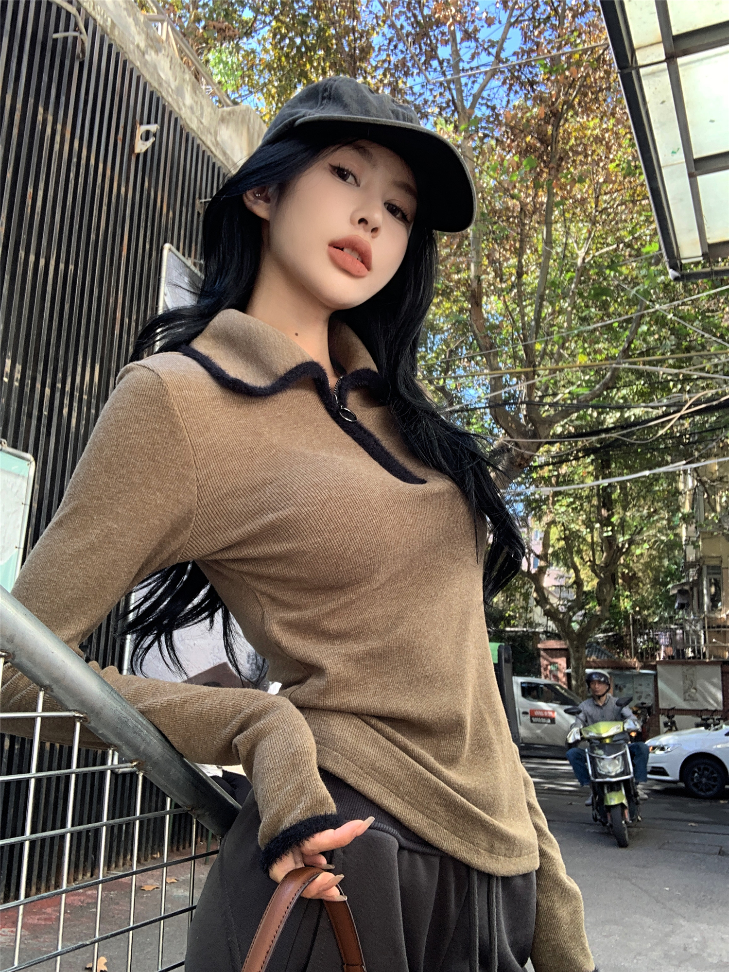 Real shot~Beautiful girl, comfortable and scheming contrasting color furry webbing shirt for women, new autumn and winter style