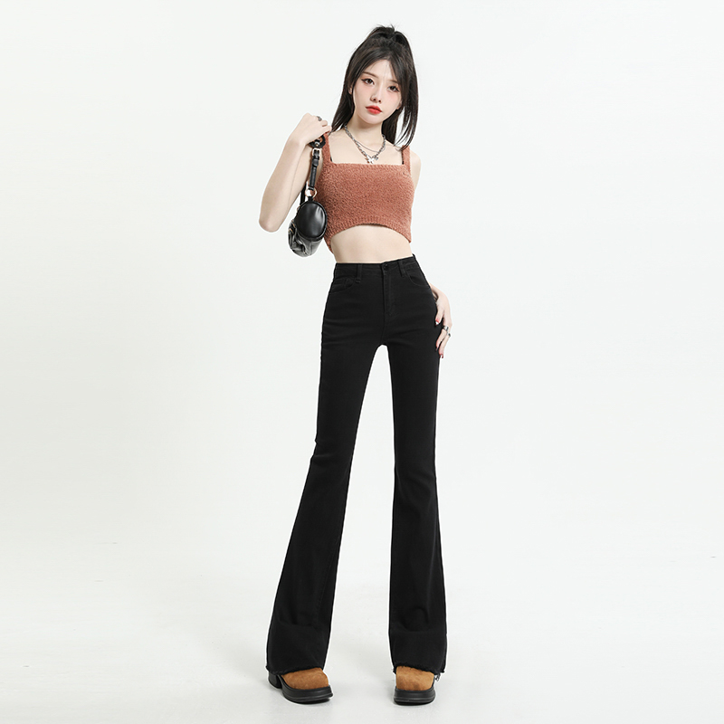 黑色微喇牛仔褲女2024春款高腰顯瘦馬蹄褲修身彈力毛邊喇叭褲