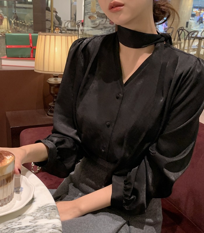 韓國chic早春氣質V領壓褶單排扣長袖襯衫