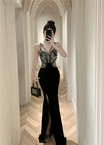 Real shot!  Suspender velvet evening dress annual meeting host birthday slit fishtail dress