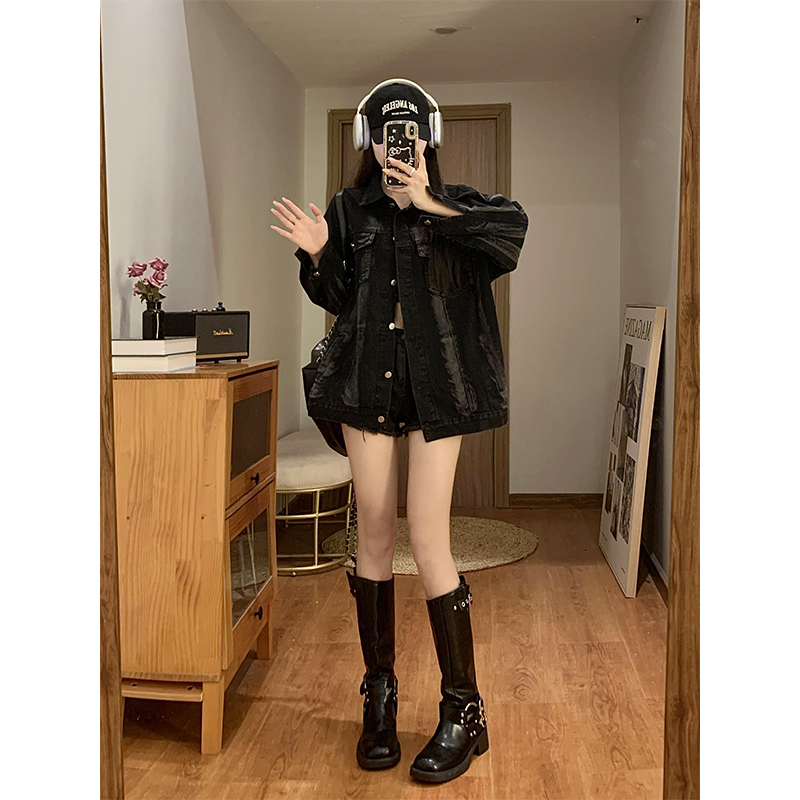 Real shot of large size fat mm black denim jacket for women Korean style loose casual versatile tie-dye work jacket ins trend
