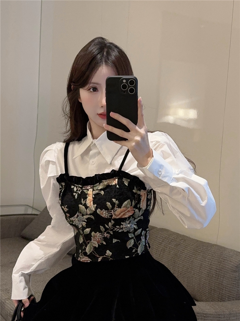 實拍~2024早春新款法式甜美復古提花吊帶背心泡泡袖襯衫套裝