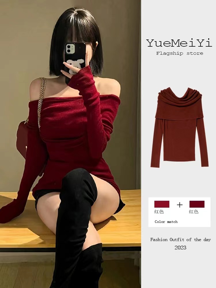 New Year and Christmas red one-shoulder knitted bottoming shirt for women to wear with autumn and winter new animal year clothes long-sleeved tops